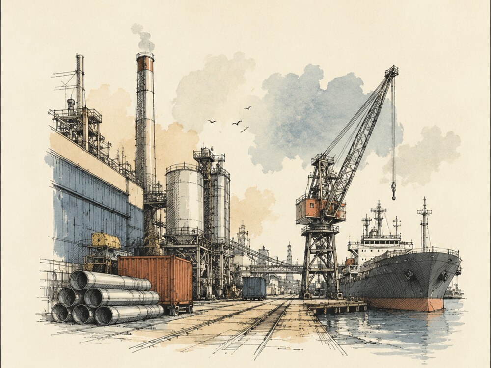 Shipyard with cargo vessel, crane, and industrial plant